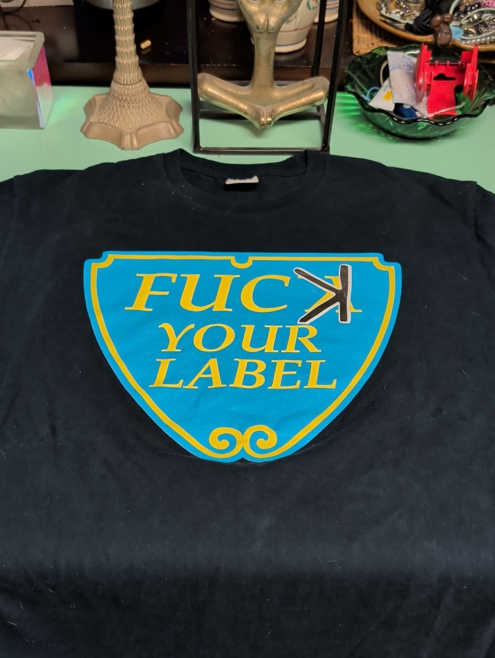 Supreme Black T-Shirt with Blue and Yellow Shield Graphic